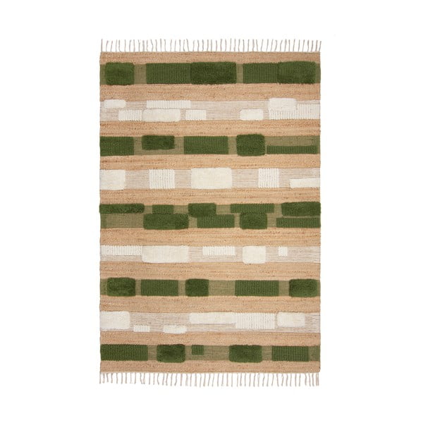 Zaļš/dabīga toņa ar rokām darināts paklājs no džutas maisījuma 120x170 cm Medina Blocks – Flair Rugs