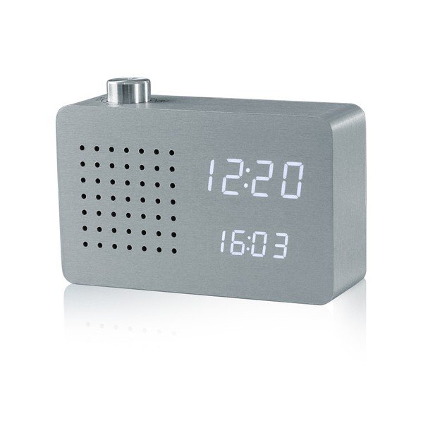 Pelēks modinātājs ar baltu LED displeju un radio Gingko Radio Click Clock-image-1