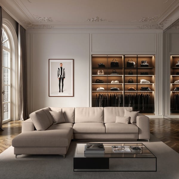 Bēšs samta salokāms stūra dīvāns ar uzglabāšanas vietu (ar kreiso stūri/L veida) Rene – Rodier-image-1