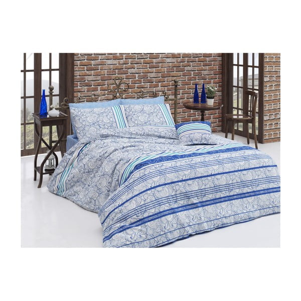 Zila kokvilnas gultasveļa ar palagu vienvietīgai gultai Stripe, 140 x 200 cm
