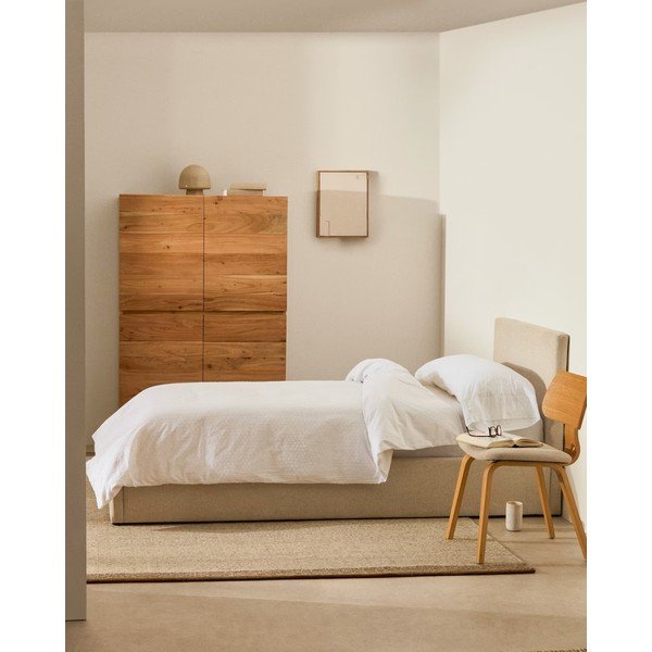 Bēša polsterēta vienvietīga gulta ar veļas kasti ar redelēm 90x200 cm Nahiri – Kave Home-image-1