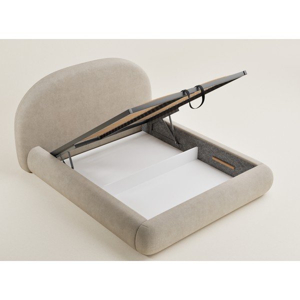 Bēša polsterēta divvietīga gulta ar veļas kasti un redelēm 140x200 cm Maumere – Maison de Rêve-image-3