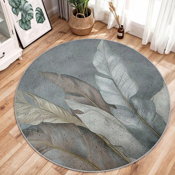 Zaļš/pelēks mazgājams apaļš paklājs ø 100 cm Dusty Leaves – Mila Home-image-1