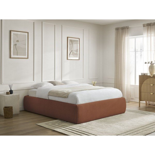 Oranža polsterēta divvietīga gulta ar veļas kasti/bez galvgaļa un ar redelēm 160x200 cm Inera – Bobochic Paris-image-1