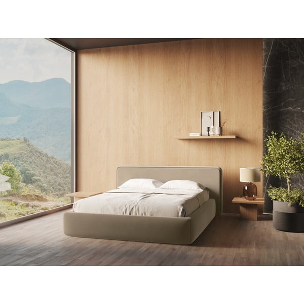 Gaiši brūna polsterēta divvietīga gulta ar veļas kasti un redelēm 180x200 cm Kiana – Makamii-image-1