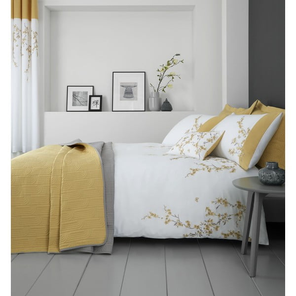 Balta un dzeltena gultasveļa Catherine Lansfield Izšūti ziedi, 200 x 200 cm-image-1