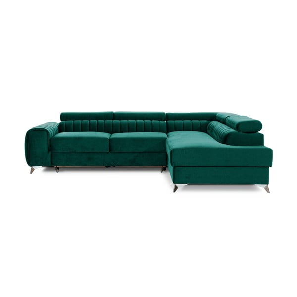 Zaļš samta salokāms/ar uzglabāšanas vietu stūra dīvāns (ar labo stūri/L veida) Laurence – ELTAP