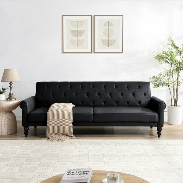 Melns regulējams/salokāms dīvāns no ādas imitācijas 222 cm Tyne – Støraa-image-1
