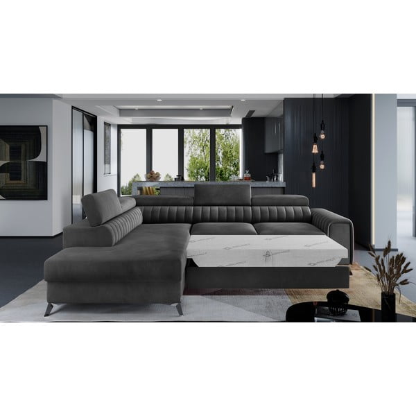 Tumši pelēks samta salokāms/ar uzglabāšanas vietu stūra dīvāns (ar kreiso stūri/L veida) Laurence – ELTAP-image-2