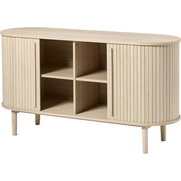 Dabīga toņa kumode ar ozolkoka imitāciju un bīdāmām durvīm 140x76x45 cm Meta – Unique Furniture-image-1
