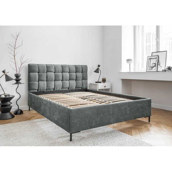 Dūmakaini zaļa polsterēta divvietīga gulta ar redelēm 140x200 cm Eve – Miuform-image-4