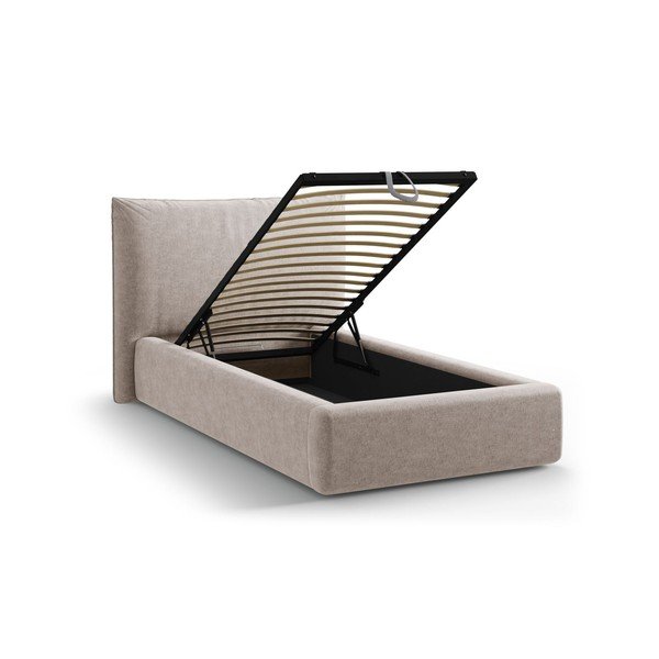 Bēša polsterēta vienvietīga gulta ar veļas kasti un redelēm 90x200 cm Kaelle – Micadoni -image-1