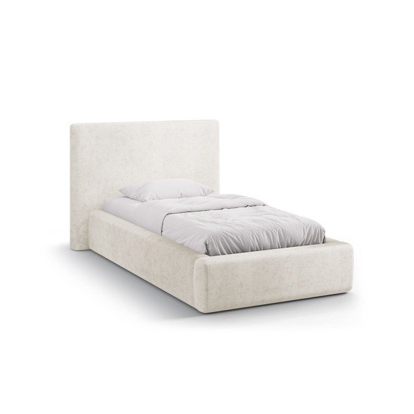 Krēmkrāsas polsterēta vienvietīga gulta ar veļas kasti un redelēm 90x200 cm Amy – Micadoni 