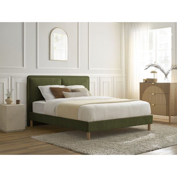Zaļa polsterēta polsterēta divvietīga gulta ar redelēm 140x190 cm Mara – Bobochic Paris-image-1