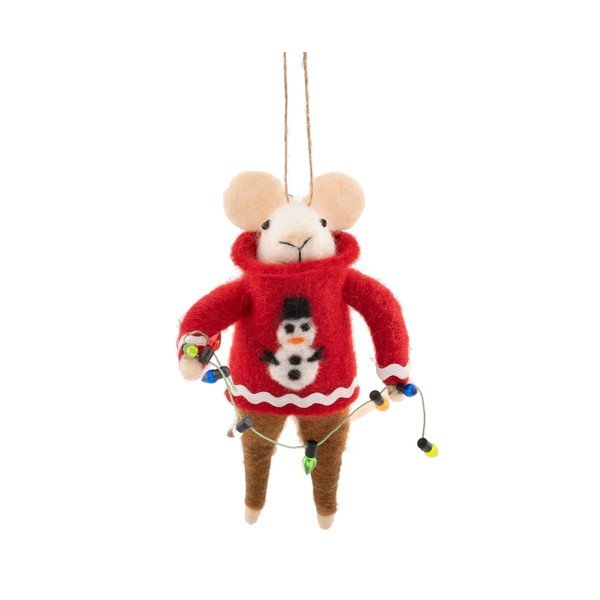 Tekstila Ziemassvētku eglītes rotājums 6 cm Mouse in Snowman Jumper with Fairy Lights – Sass & Belle