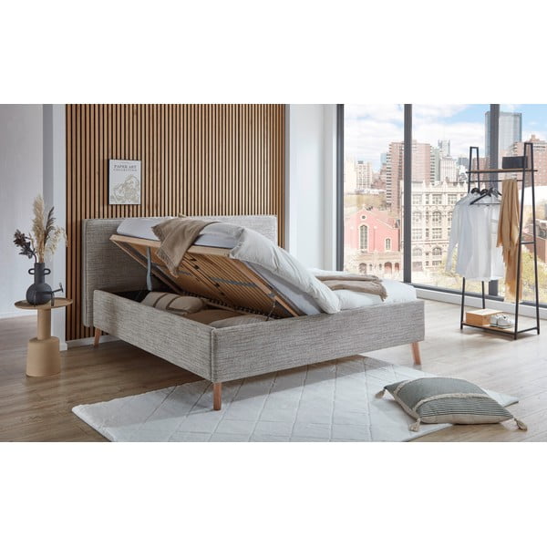 Bēša polsterēta divvietīga gulta ar veļas kasti ar redelēm 180x200 cm Riva – Meise Möbel-image-1