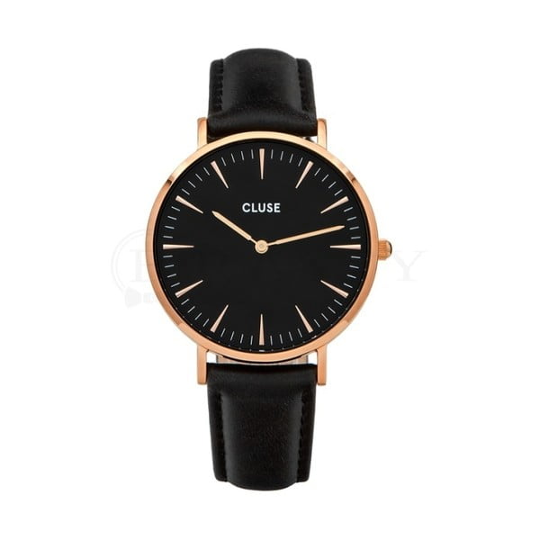 Melns sieviešu pulkstenis ar ādas siksniņu un rozā zelta detaļām Cluse La Bohéme