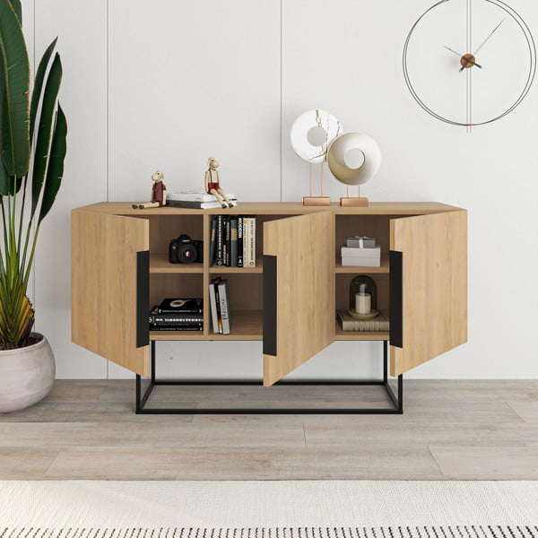 Dabīga toņa zema kumode ar ozolkoka imitāciju 150x80 cm Titan – Marckeric-image-1