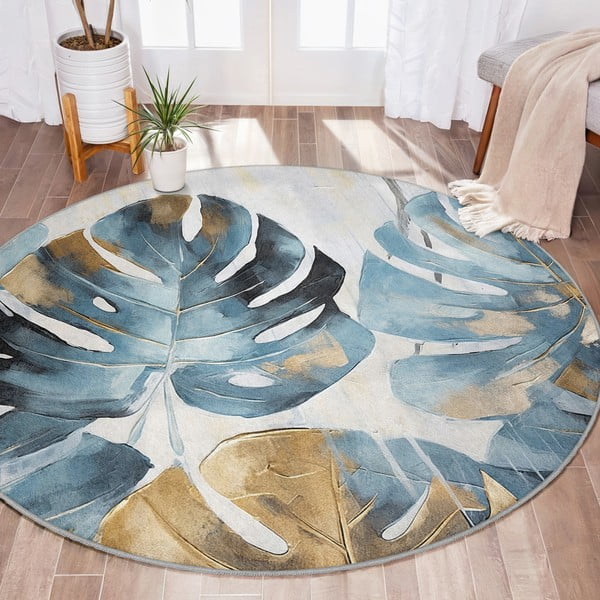 Zils mazgājams apaļš paklājs ø 120 cm Golden Leaves – Mila Home-image-1