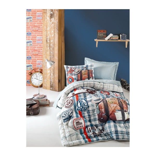 Kokvilnas gultasveļas, palagu un stepētas segas komplekts vienvietīgai gultai Spicey, 160 x 260 cm