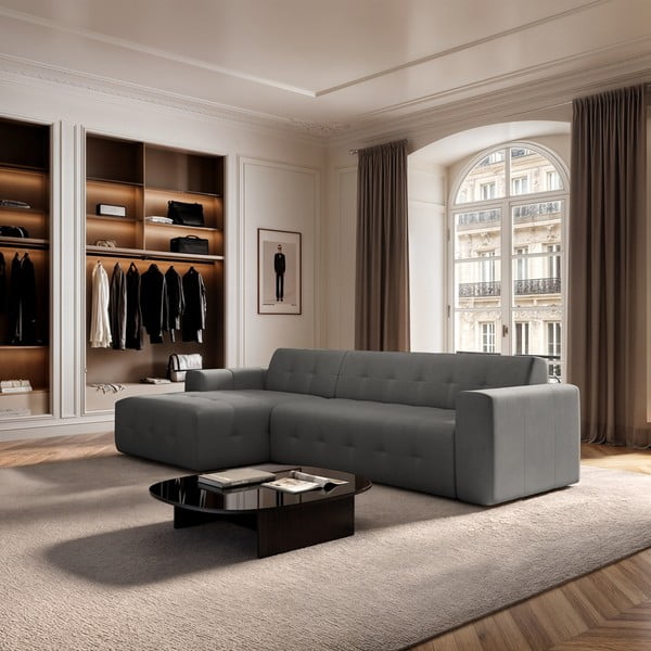 Pelēks samta stūra dīvāns (ar kreiso stūri/ar zvilni) Tuil – Rodier-image-1