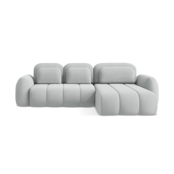 Gaiši pelēks salokāms stūra dīvāns no buklē auduma ar uzglabāšanas vietu (ar labo stūri/ar zvilni) Pele – Makamii