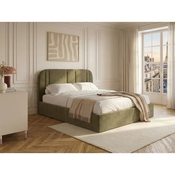 Zaļa polsterēta divvietīga gulta ar veļas kasti ar redelēm 160x200 cm Sidney – Bobochic Paris-image-1