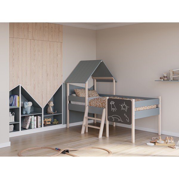 Dūmakaini zaļa priedes masīvkoka bērnu gulta mājas formā/paaugstināta ar redelēm 90x190 cm Mint – Marckeric-image-1