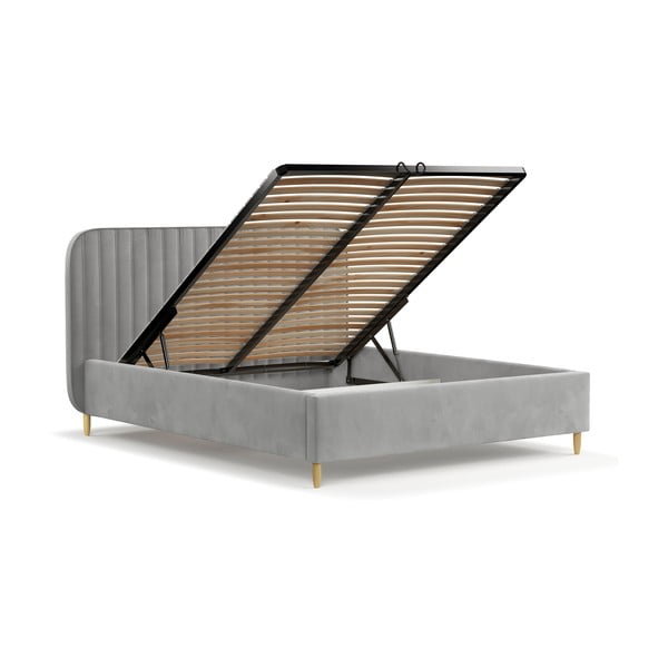 Pelēka polsterēta divvietīga gulta ar veļas kasti un redelēm 160x200 cm Noto – Maison de Rêve-image-3