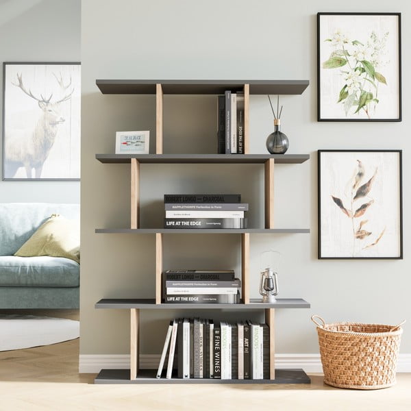 Pelēks/dabīga toņa grāmatu skapis ar ozolkoka imitāciju 90x127 cm Harmon – Kalune Design-image-1