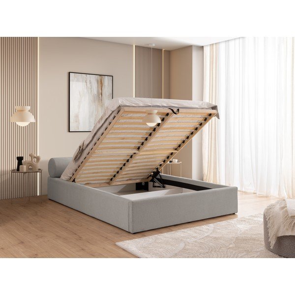 Gaiši pelēka polsterēta divvietīga gulta ar veļas kasti ar redelēm 140x200 cm Cille – Ropez-image-4