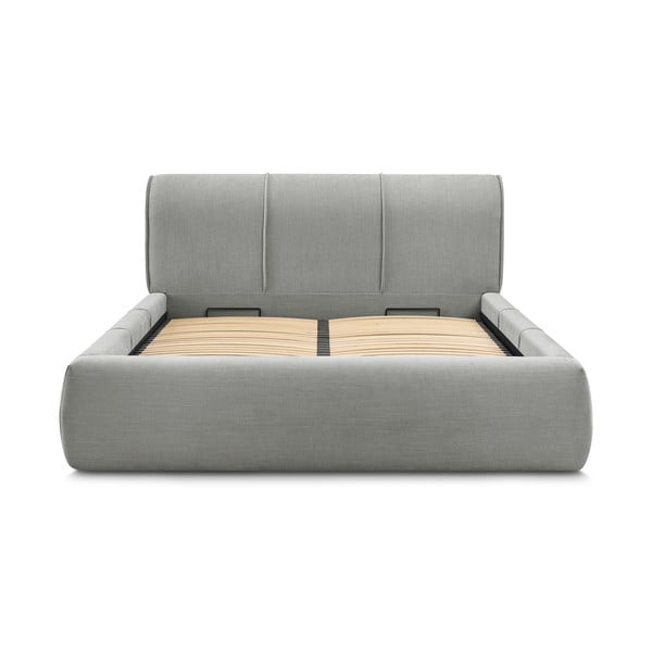 Gaiši pelēka polsterēta divvietīga gulta ar veļas kasti un režģi 160x200 cm Vernon – Bobochic Paris-image-3
