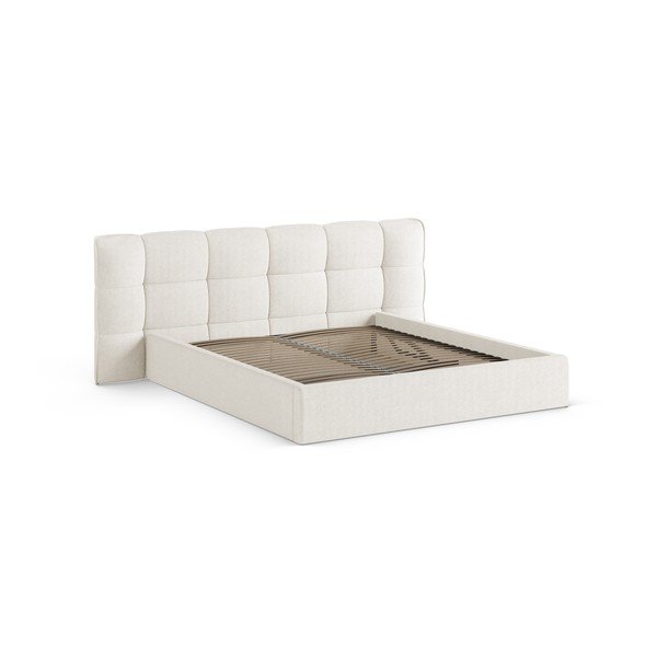 Ziloņkaula krāsas polsterēta divvietīga gulta ar veļas kasti un redelēm 160x200 cm Eric – Micadoni -image-3