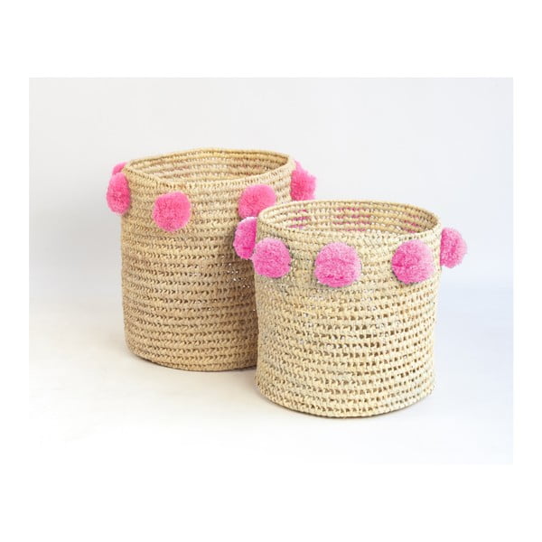 2 palmu šķiedras uzglabāšanas grozi ar rozā rotājumiem Madre Selva Milo Basket komplekts