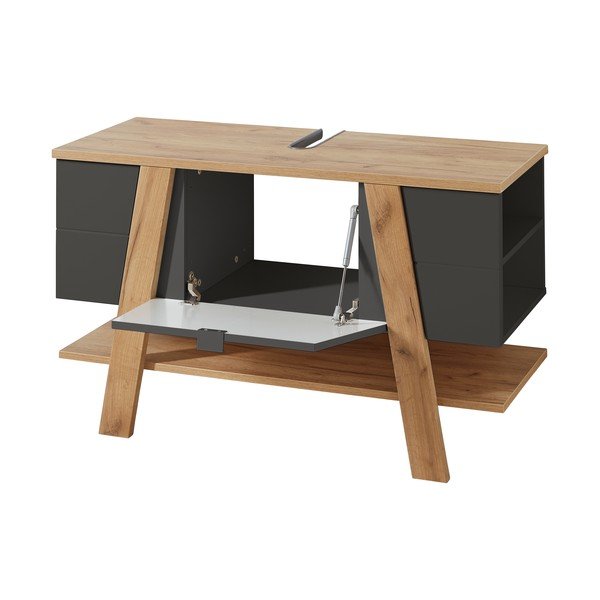 Tumši pelēks skapītis zem izlietnes ar ozolkoka imitāciju 111x67 cm Avellino – Germania-image-2