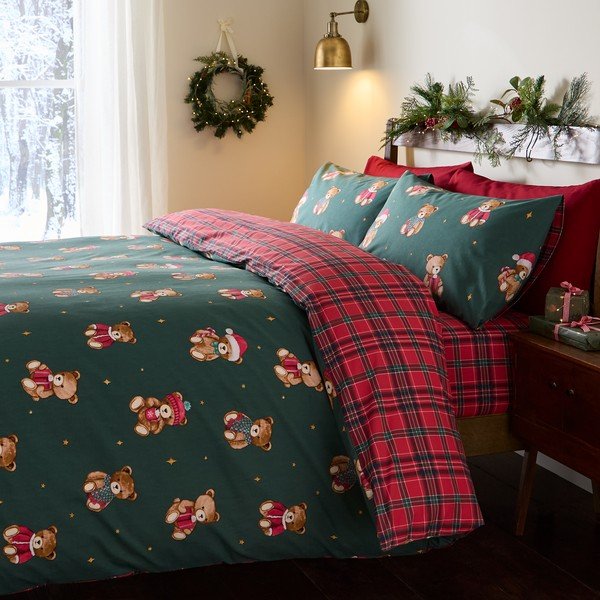 Sarkana/tumši zaļa vienguļamā bērnu gultas veļa 120x150 cm Christmas Tartan Teddy Bear – Catherine Lansfield