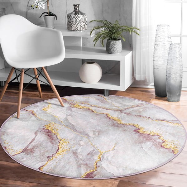 Gaiši rozā/zelta krāsas mazgājams apaļš paklājs ø 80 cm Marble – Mila Home-image-3
