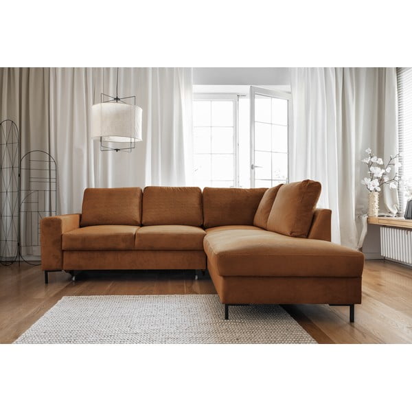 Oranžs/brūns velveta salokāms stūra dīvāns (ar labo stūri) Lofty Lilly – Miuform-image-1