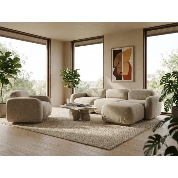 Krēmkrāsas modulārais dīvāns no buklē auduma 190 cm Ailani – Makamii-image-1