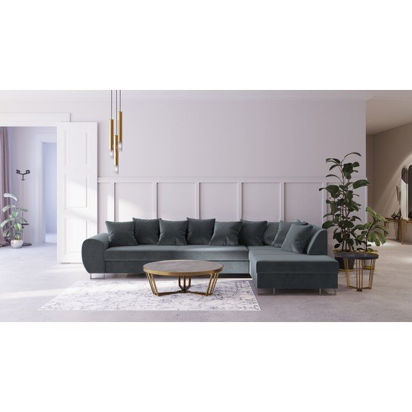 Pelēks samta stūra dīvāns Kooko Home Calmato, labais stūris-image-1