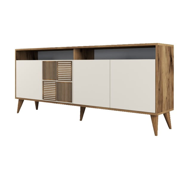 Krēmkrāsas/dabīga toņa zema kumode ar riekstkoka imitāciju 180x79 cm Milan – Kalune Design