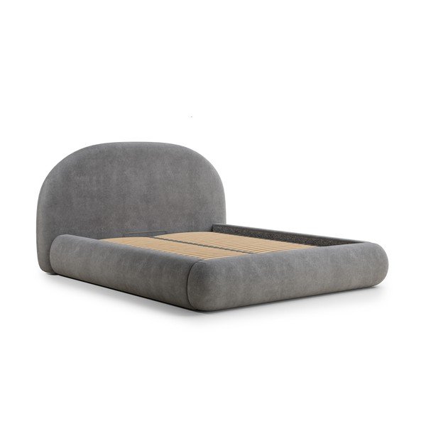 Pelēka polsterēta divvietīga gulta ar veļas kasti un redelēm 140x200 cm Maumere – Maison de Rêve