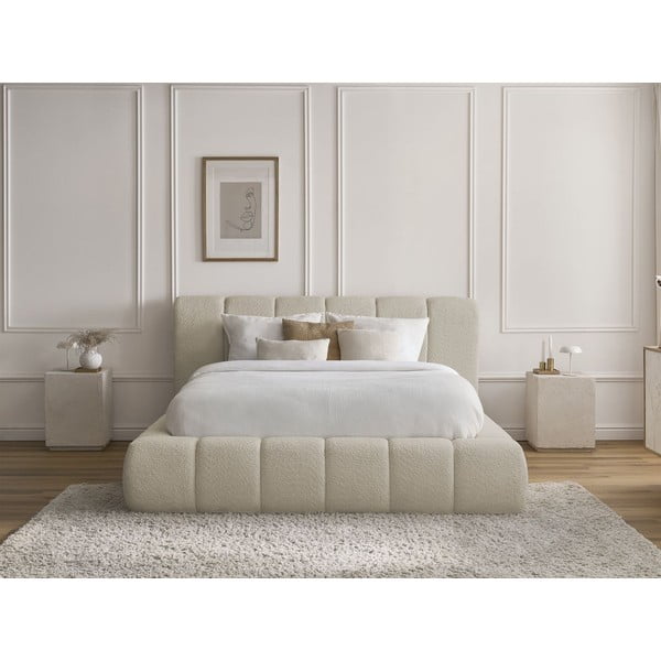 Bēša polsterēta divvietīga gulta ar veļas kasti un redelēm 140x190 cm Denali – Bobochic Paris-image-1