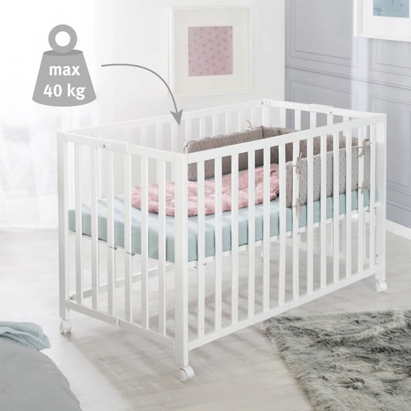 Balta bērnu gultiņa ar riteņiem 60x120 cm Fold up – Roba-image-1