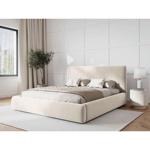 Bēša polsterēta divvietīga gulta ar veļas kasti un redelēm 140x200 cm Colonel – Cosmopolitan Design-image-1