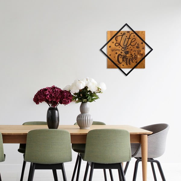 Koka/metāla sienas dekors 54x54 cm Life Begins After Coffee – Wallity-image-1