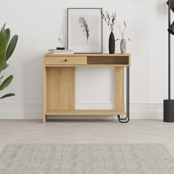 Dabīga toņa konsoles galds ar ozolkoka imitācijas galda virsmu 35x100 cm Saturne – Marckeric-image-1