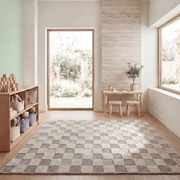 Zaļš mazgājams paklājs no kokvilnas maisījuma 155x230 cm Muted Checkerboard – Flair Rugs-image-1