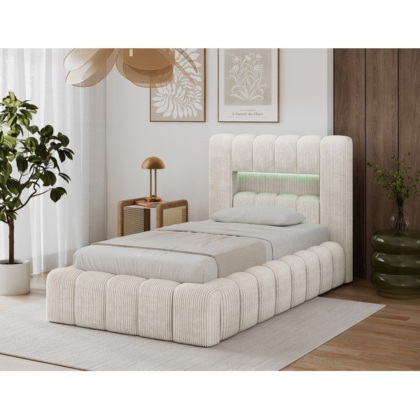 Bēša polsterēta vienvietīga gulta ar veļas kasti ar redelēm 90x200 cm Lamica – ELTAP-image-3
