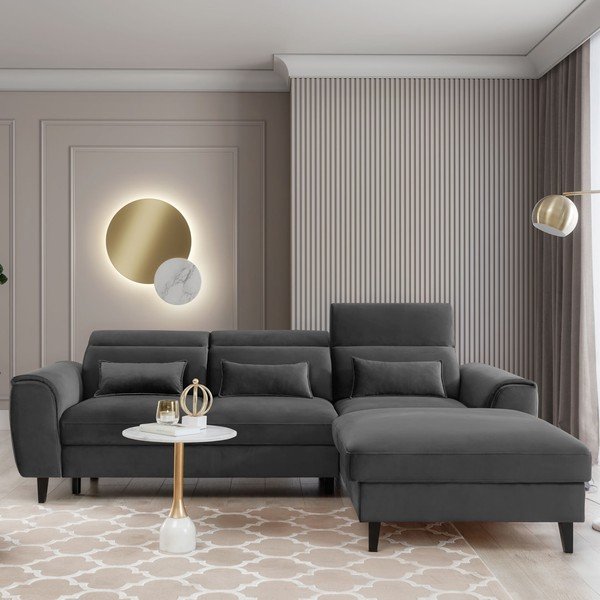 Tumši pelēks samta salokāms/ar uzglabāšanas vietu stūra dīvāns (ar labo stūri/ar zvilni) Foble – ELTAP-image-1
